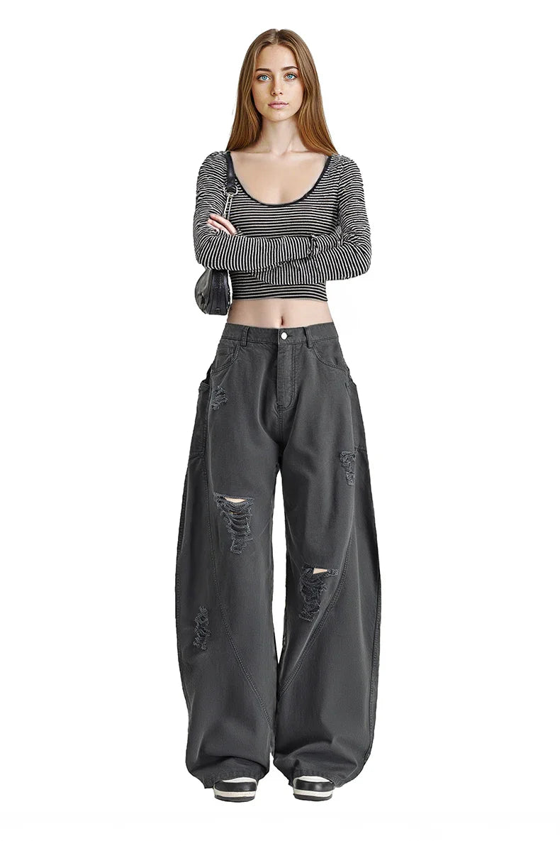 VILZSTUDIOS Vintage Distressed Wide Leg Ripped Jeans