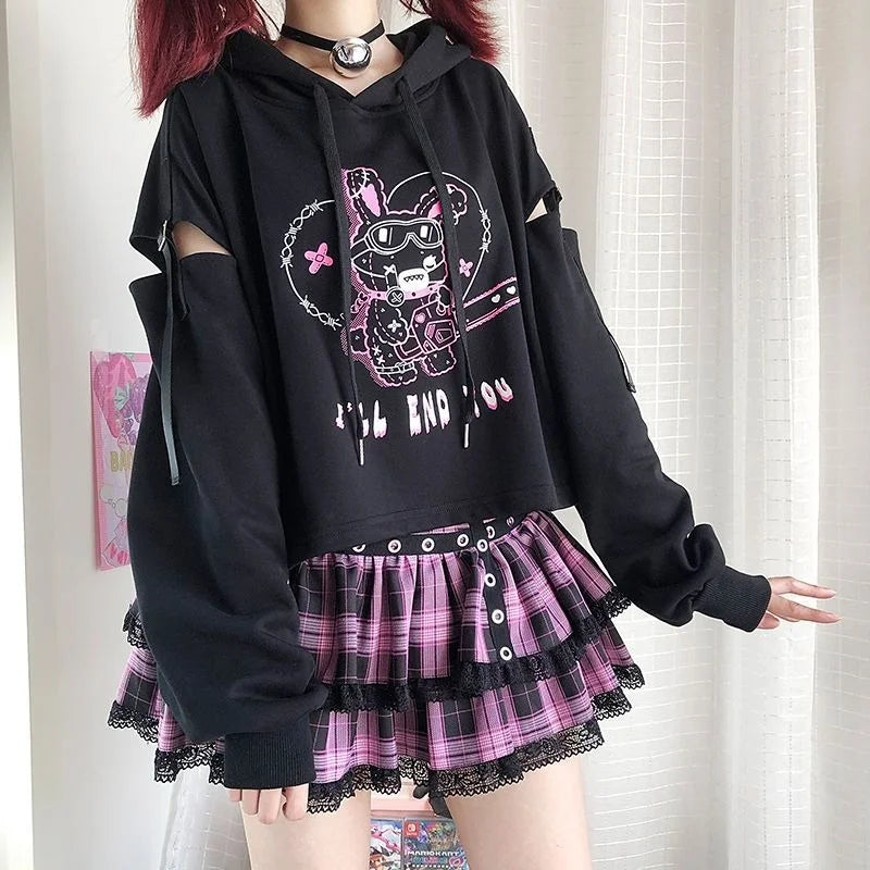 VILZSTUDIOS Punk Gothic Patchwork Hollow Out Hoodie & Mini Skirt