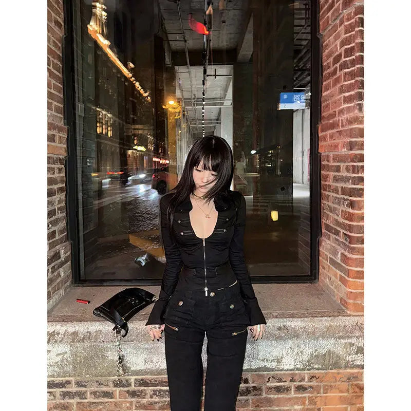 VILZSTUDIOS Chic Deep V Neck Zipper Shirt