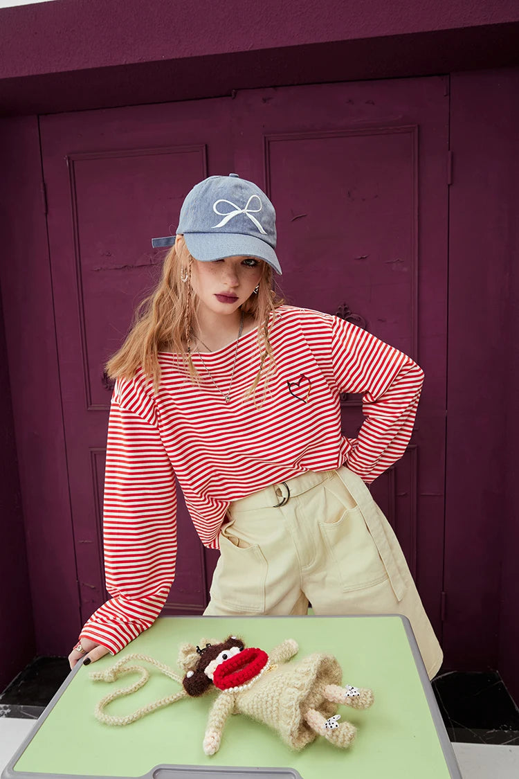VILZSTUDIOS Monochrome Striped Love Embroidered Top