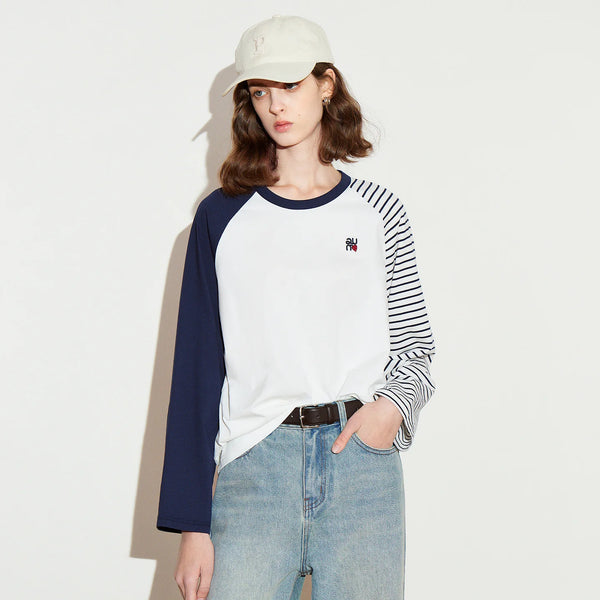 Contrasting Color Raglan Sleeve Asymmetrical T-Shirt