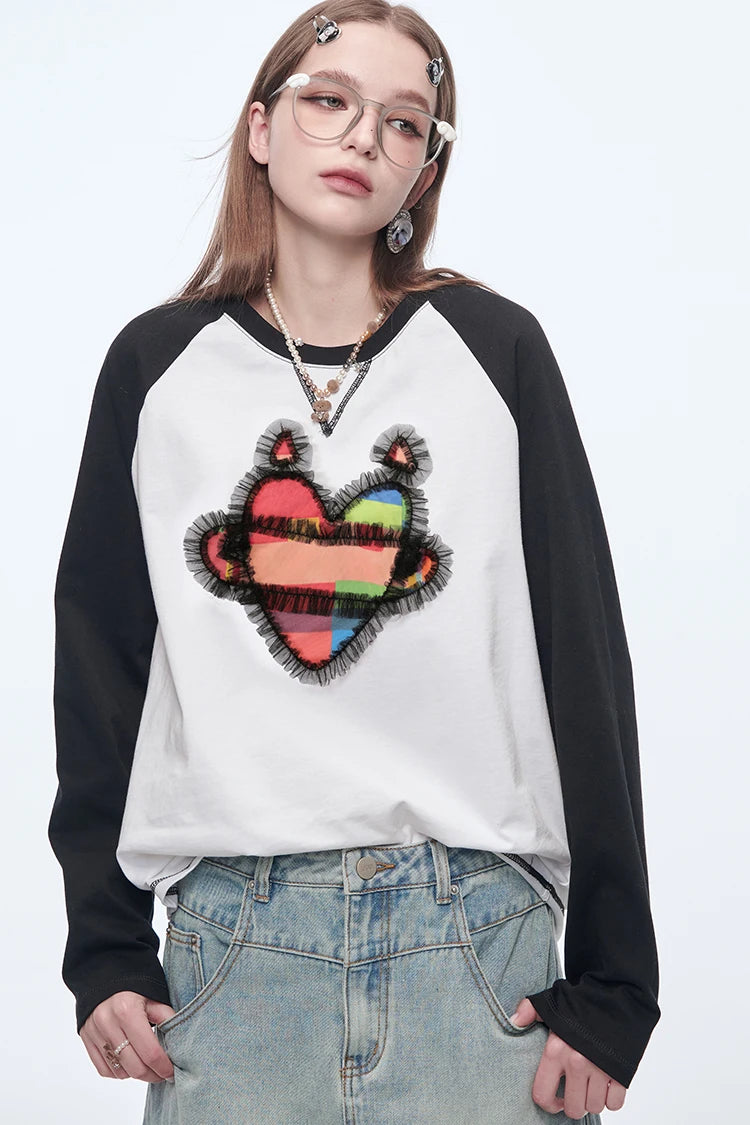 VILZSTUDIOS Patchwork Heart Printed Raglan Long Sleeve Top