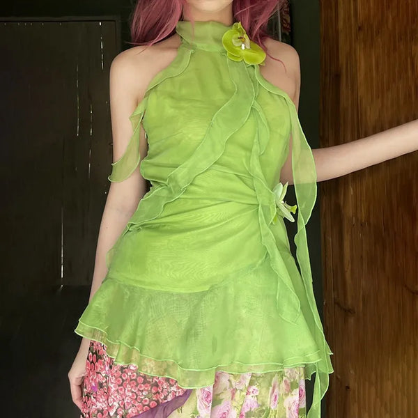 Green Ruffled Chiffon Halter Tops