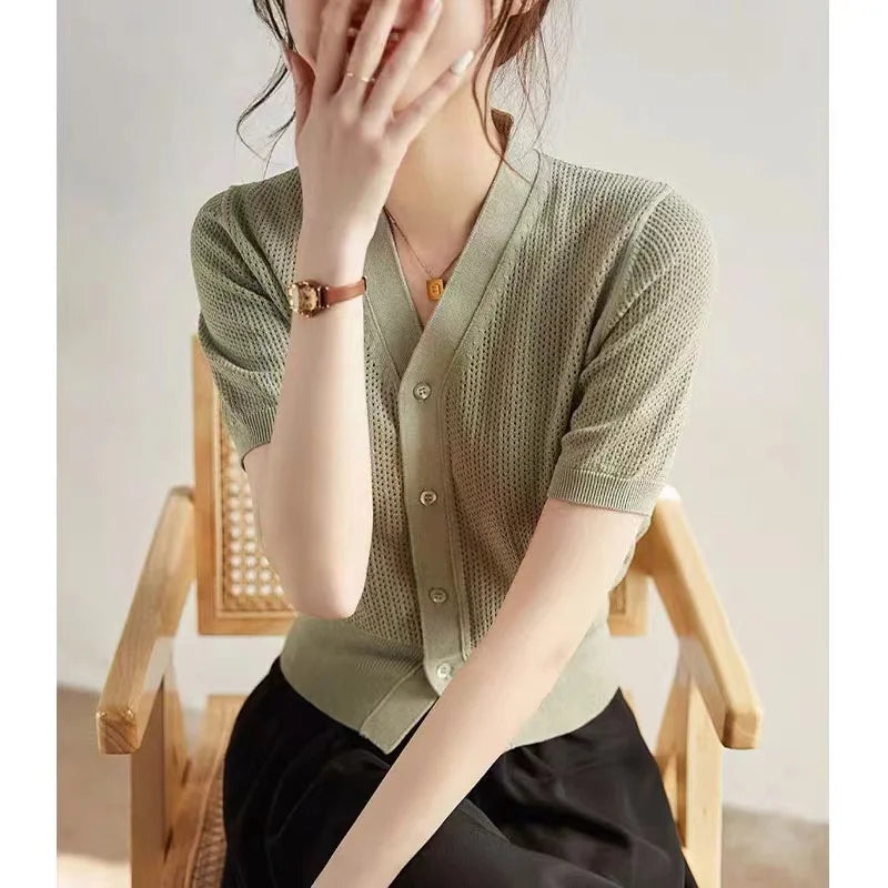 VILZSTUDIOS Breathable Knit Short Sleeve Cardigan