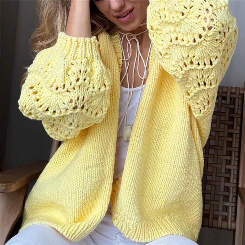 VILZSTUDIOS Stylish Hollow Out Lantern Sleeve Cardigan