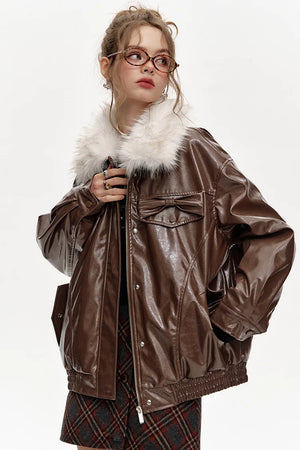 VILZSTUDIOS Plush Collar Spliced PU Jacket