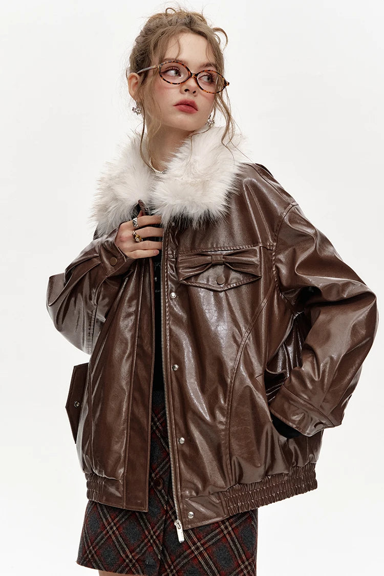 VILZSTUDIOS Plush Collar Spliced PU Jacket