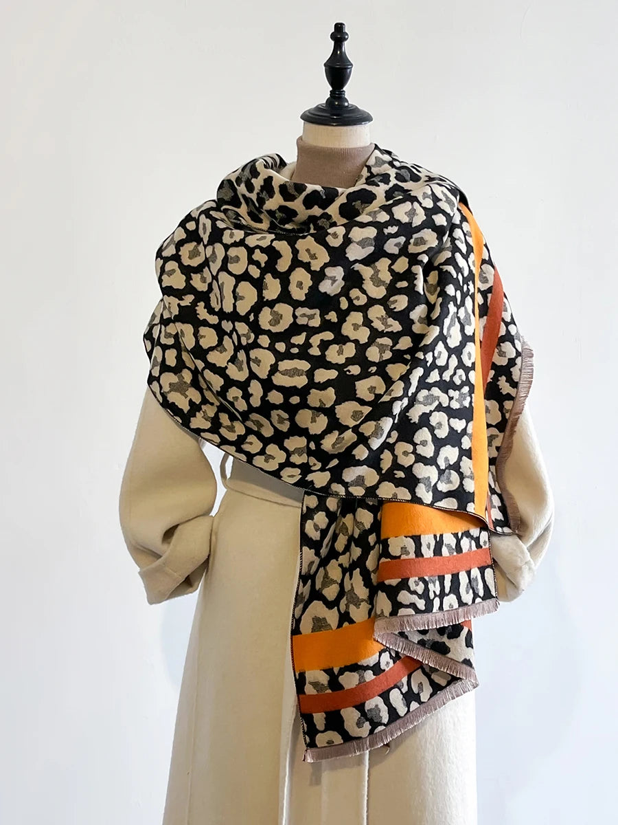 VILZSTUDIOS New Luxury Winter Leopard Two-Sided Cashmere Jacquard Scarves High Quality Women Thicken Wrap Shawl Ladies Wool Pashmina Scarf
