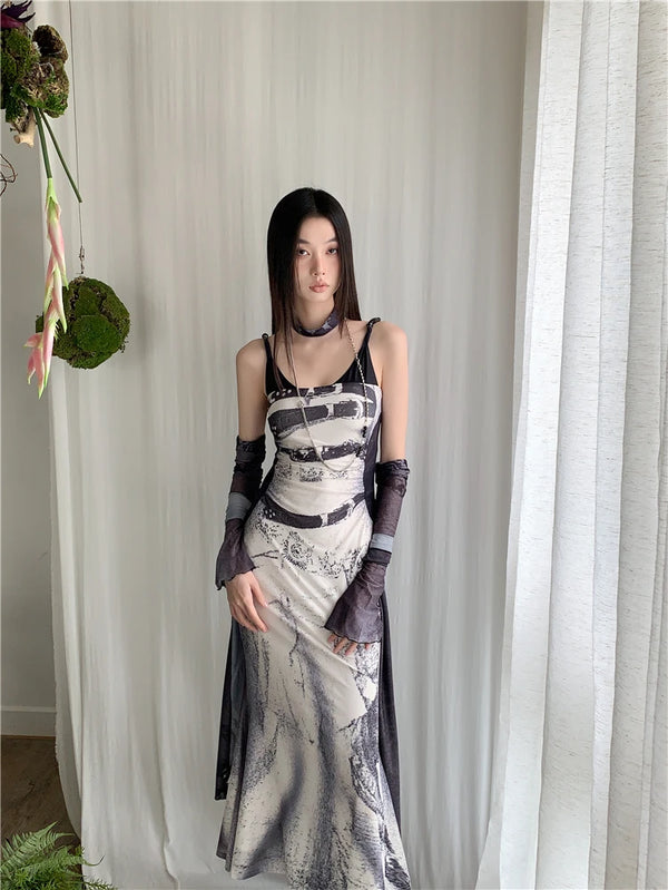 Elegant Patchwork Mesh Long Slip Dress