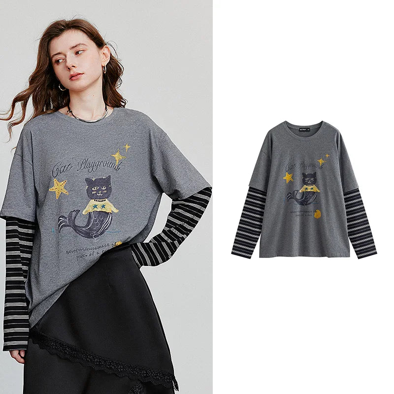 VILZSTUDIOS Cartoon Splicing Long Sleeve T-Shirt
