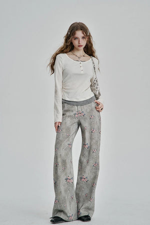 VILZSTUDIOS Retro Flower Printed Wide Leg Jeans