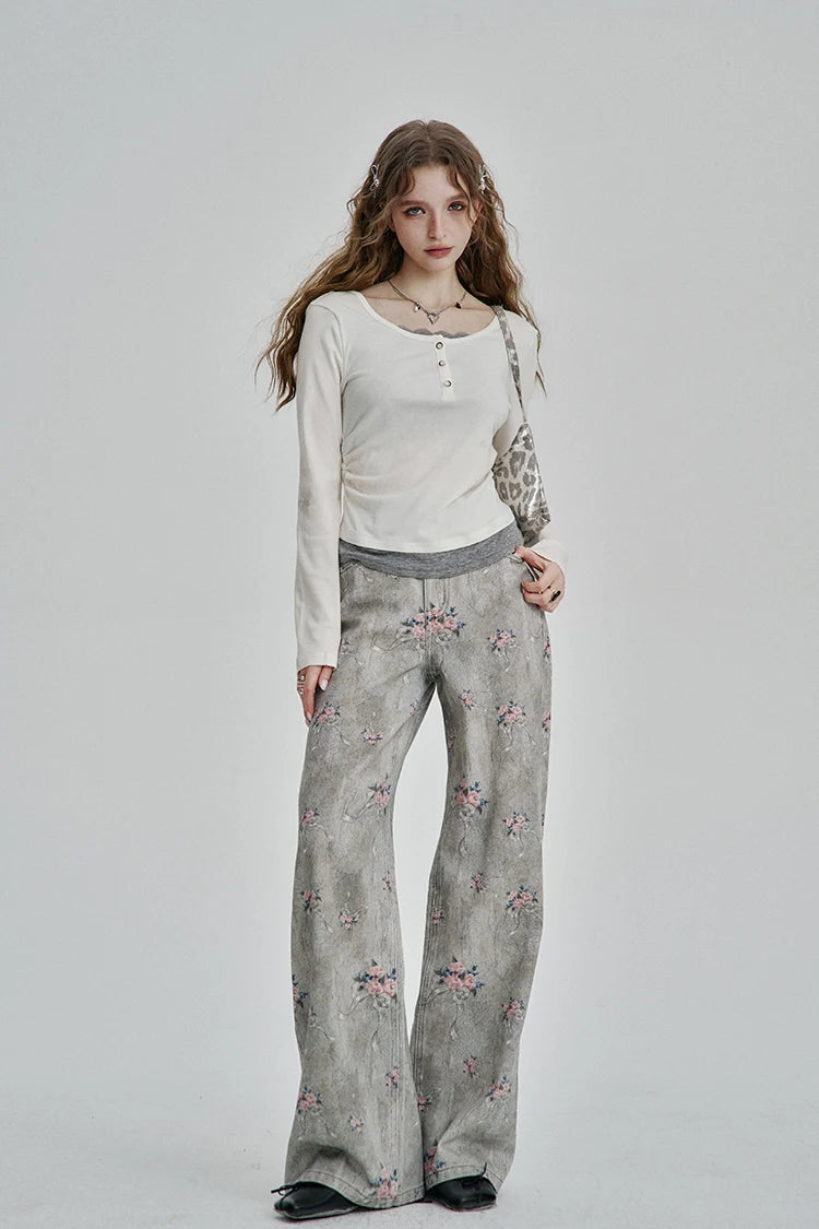VILZSTUDIOS Retro Flower Printed Wide Leg Jeans