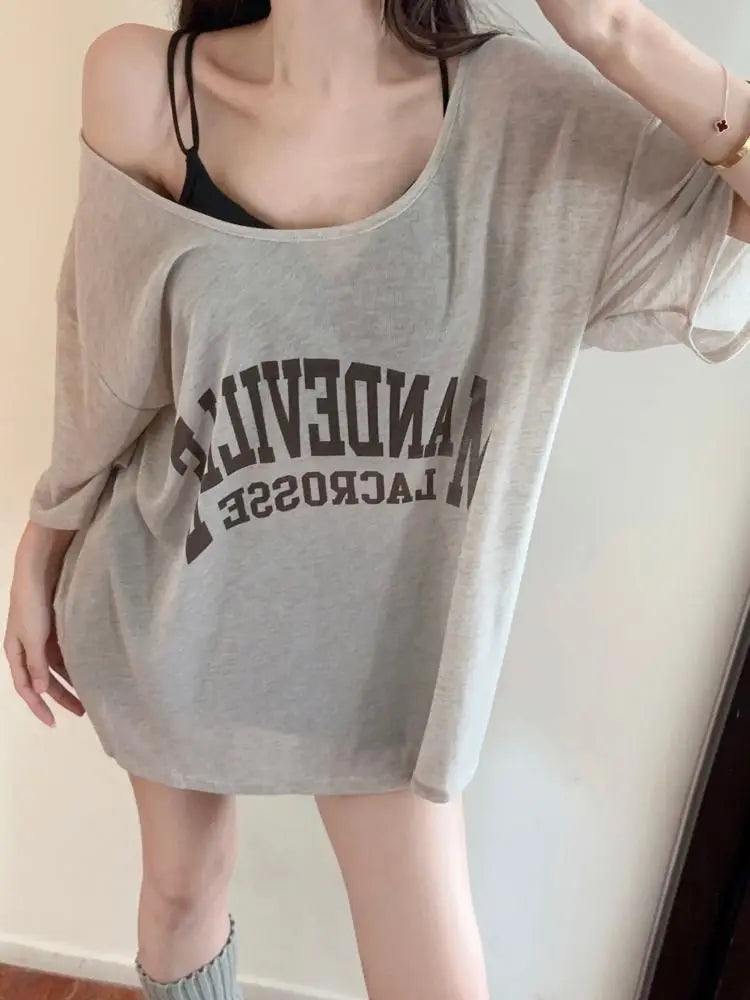 VILZSTUDIOS Sheer Letter Printed Loose T-Shirt