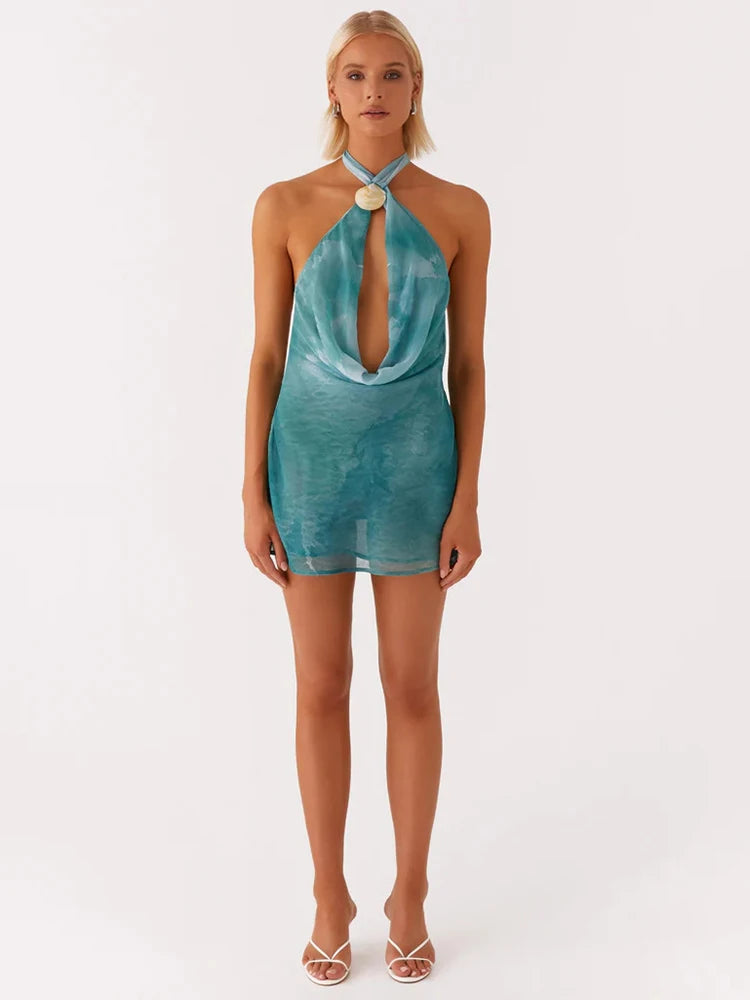 VILZSTUDIOS Sexy Halter Backless Tie Dye Mini Dress