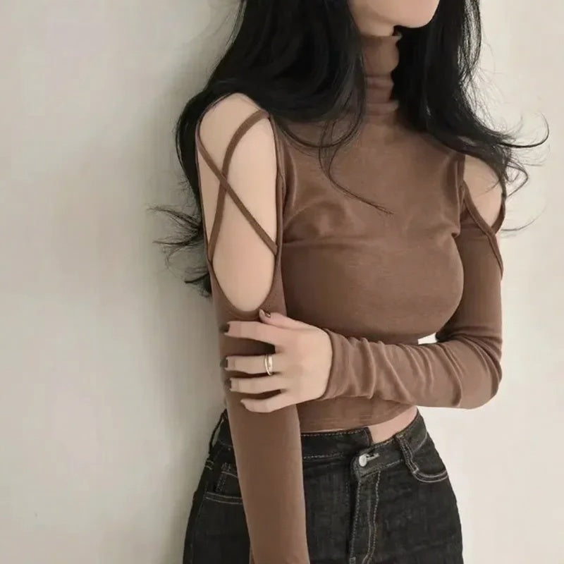 VILZSTUDIOS Sexy Hollow Out Turtleneck Long Sleeve Top