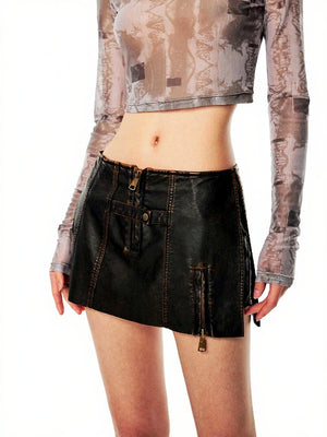 VILZSTUDIOS Distressed Brown PU Leather Mini Shorts