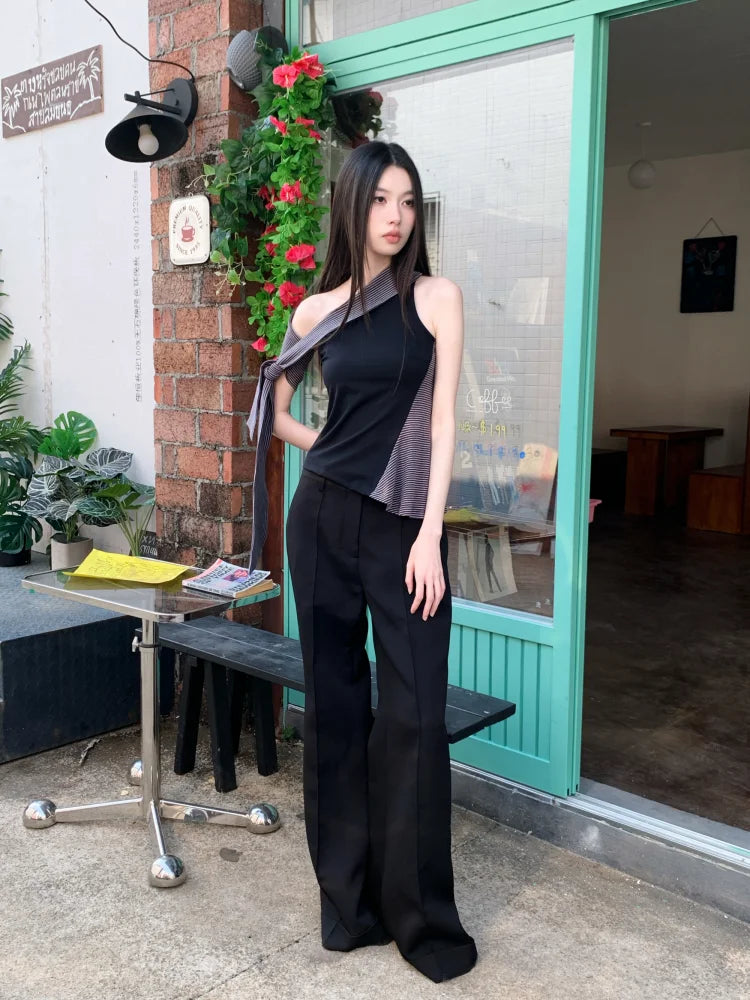 VILZSTUDIOS Black Striped Asymmetrical Blouse
