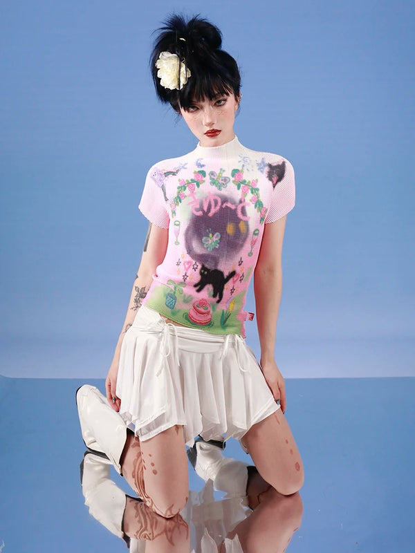 Graffiti Cat Pink Graphic T-Shirt