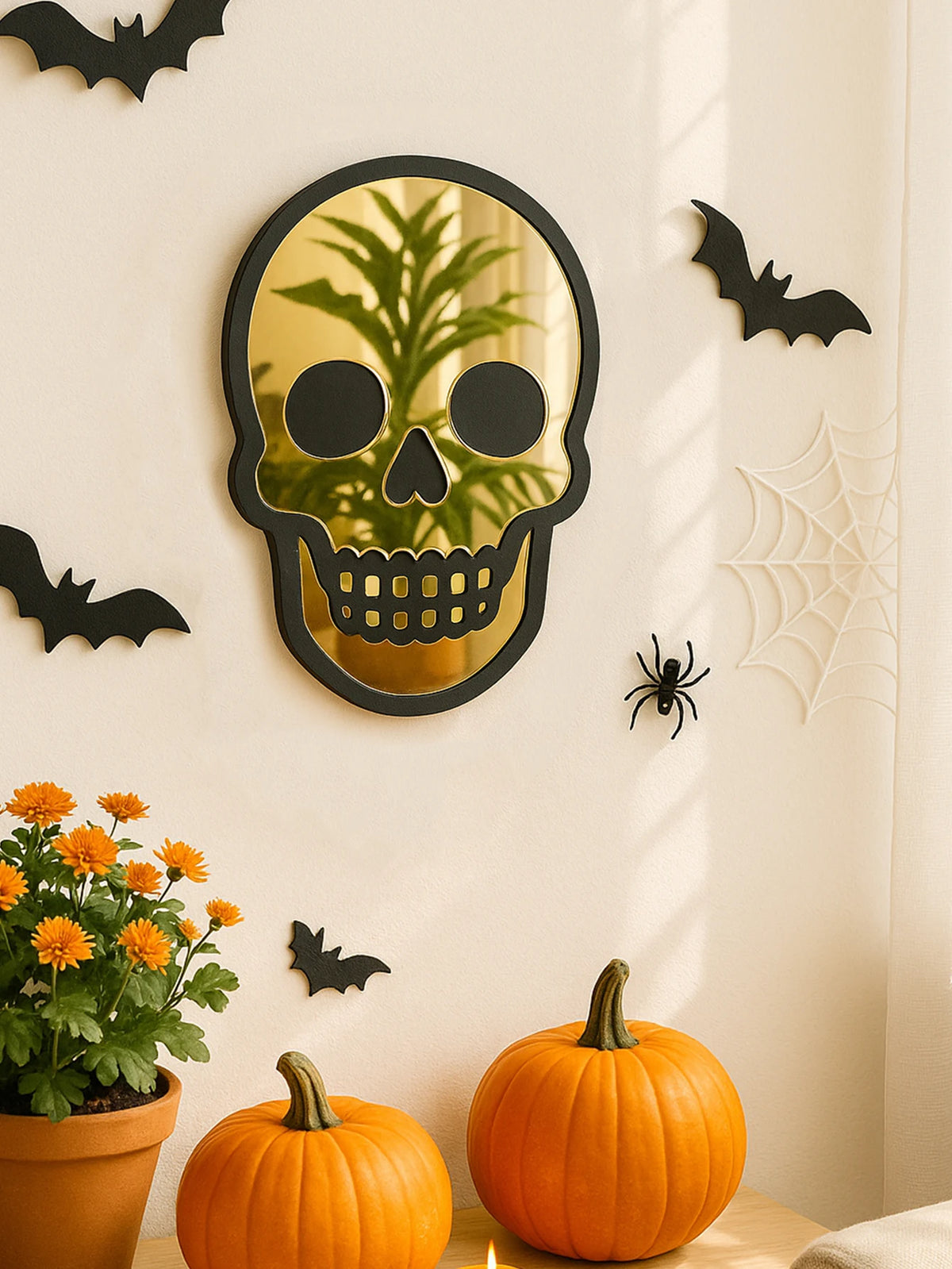 VILZSTUDIOS Halloween Skull Shaped Acrylic Wall Mirror Black Frame Wall Hanging Golden Decorative Mirror for Home Living Room & Bedroom Gift