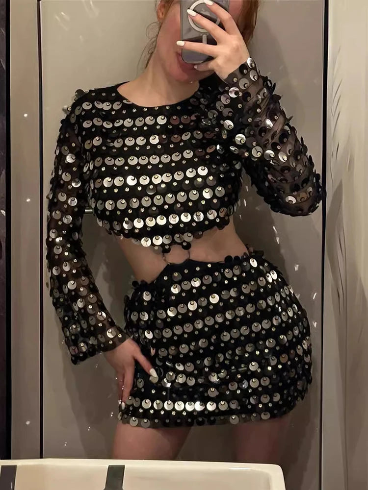VILZSTUDIOS Sequin Glitter Sparkling Hollow Out Dress