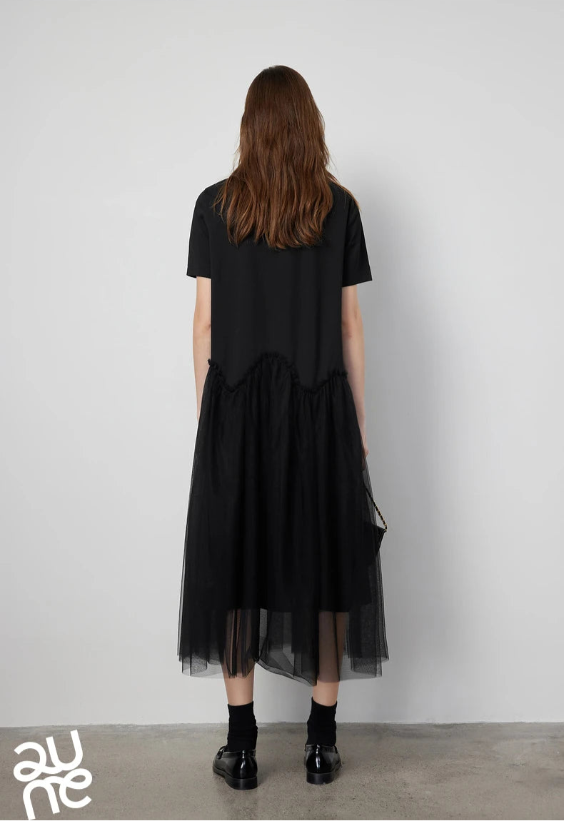 VILZSTUDIOS Stylish Mesh Splicing Mid-Length Skirt T-Shirt