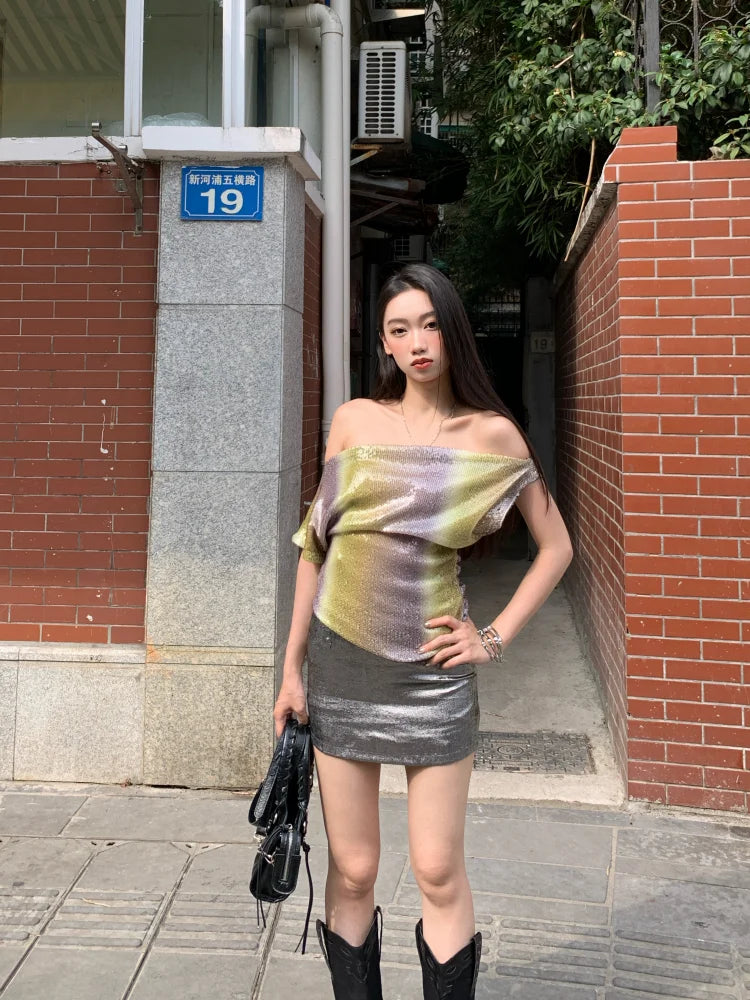 VILZSTUDIOS Gradient Sequin Off Shoulder Blouse & Silver Mini Skirt