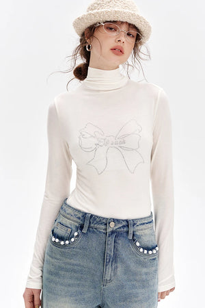 VILZSTUDIOS Sequined Bowknot Turtleneck Slim Top