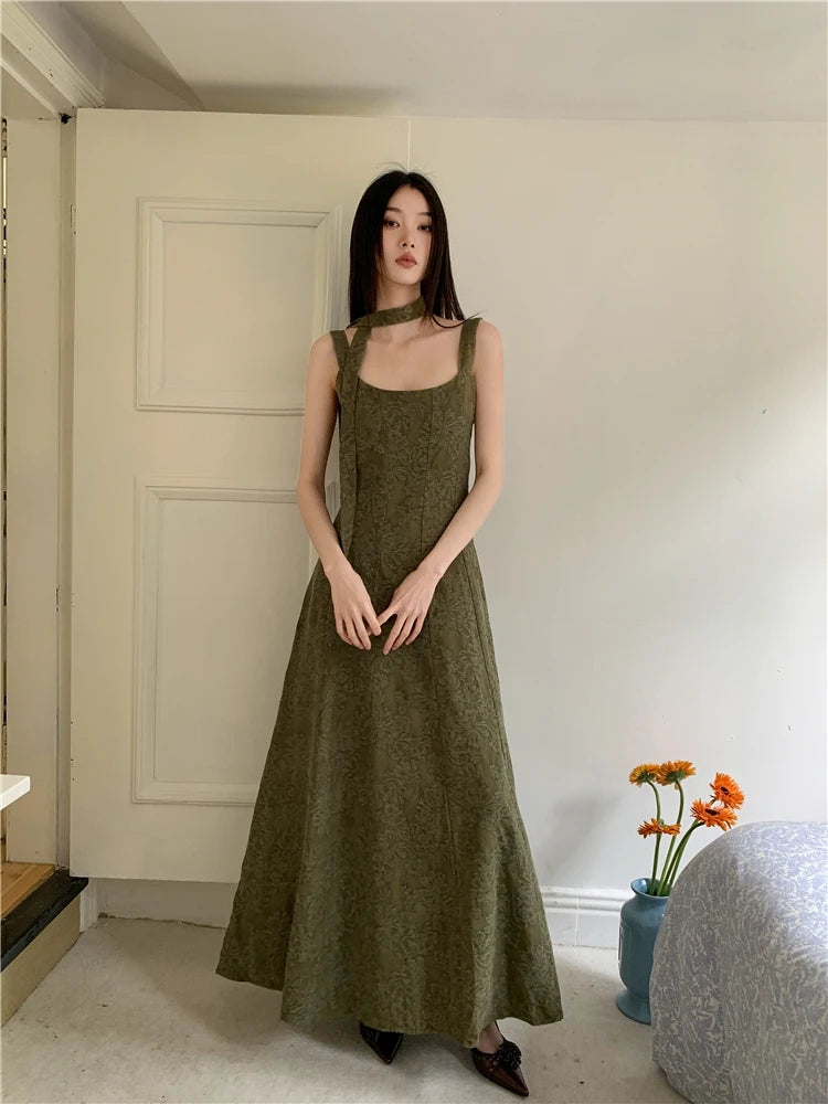 VILZSTUDIOS Elegant Green Vintage Jacquard Backless Midi Dresses