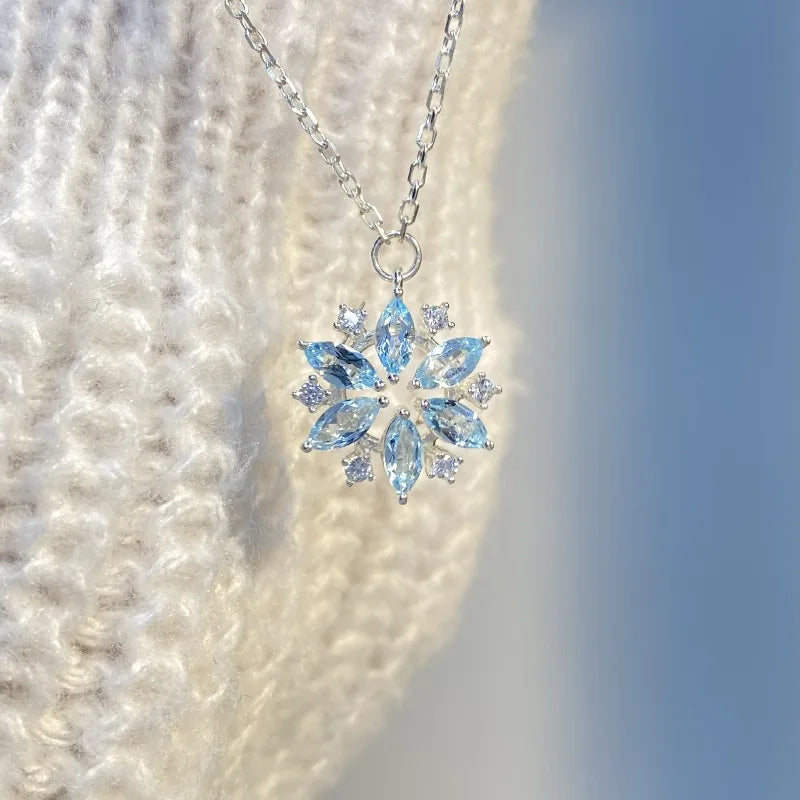 VILZSTUDIOS Sweet 925 Sterling Silver Blue Crystal Zircon Snowflake Necklace