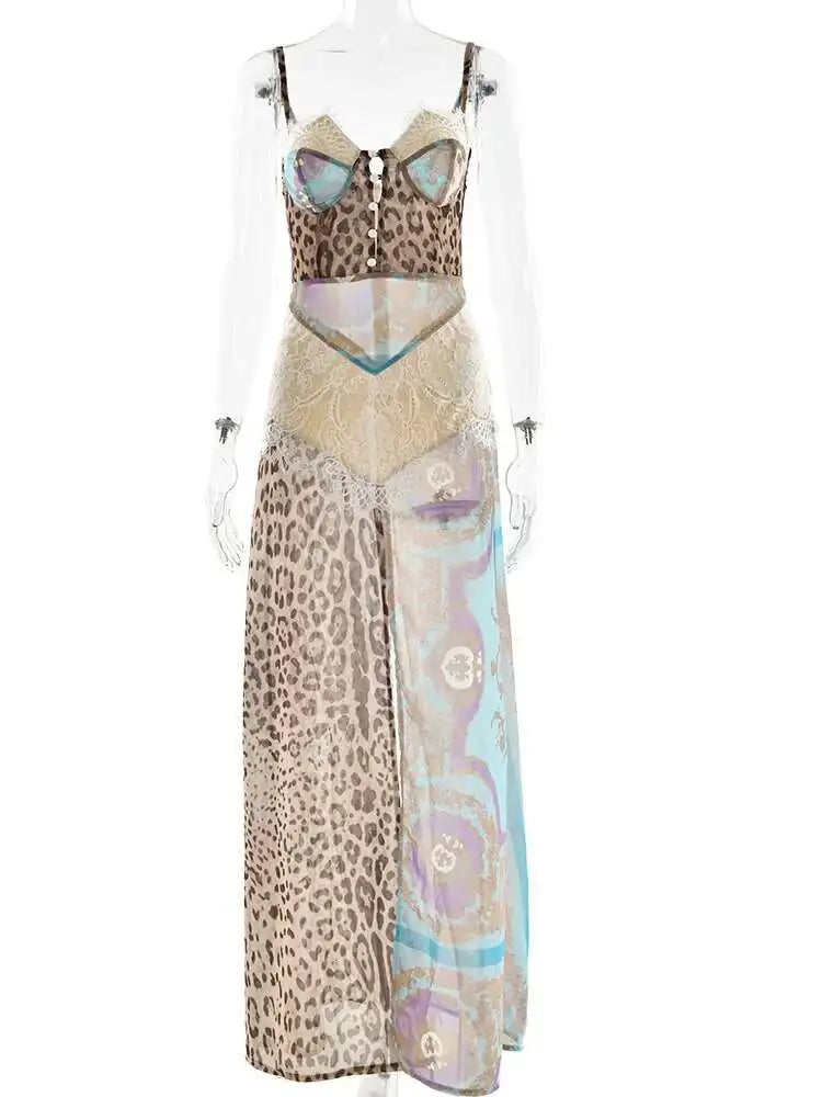 VILZSTUDIOS Leopard Print Sexy Maxi Dress Summer