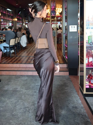 VILZSTUDIOS Satin Sexy Hollow Out Zipper Maxi