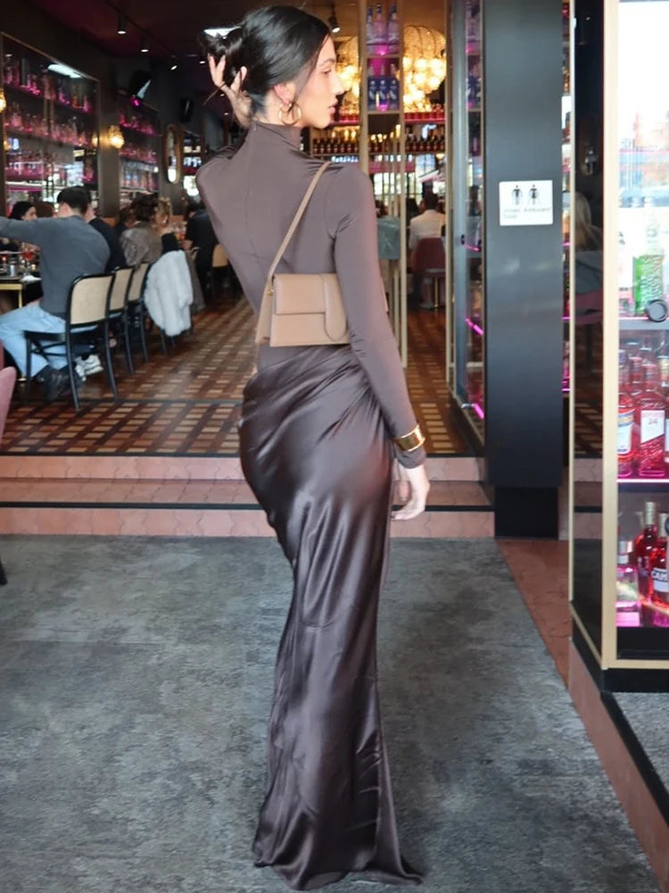 VILZSTUDIOS Satin Sexy Hollow Out Zipper Maxi