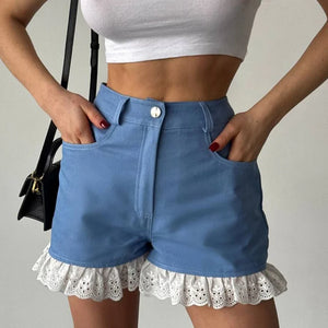 VILZSTUDIOS Blue High Waisted Lace Splicing Pants