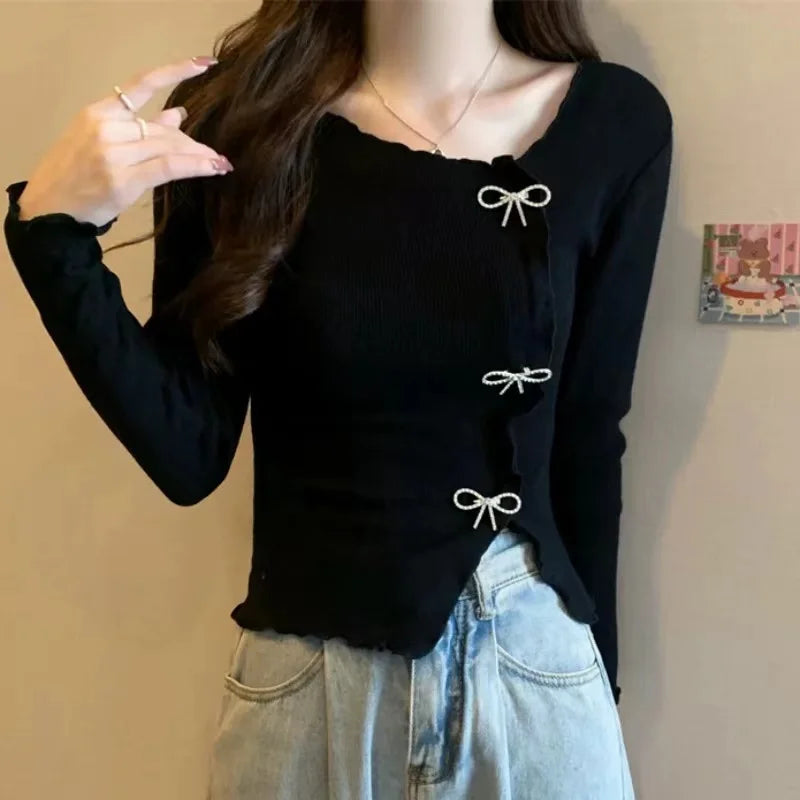 VILZSTUDIOS Irregular Knitted Bow Buttons Sweater