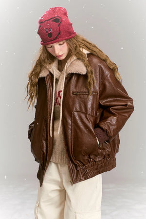 VILZSTUDIOS Vintage Brown Fleece Neck PU Leather Jacket