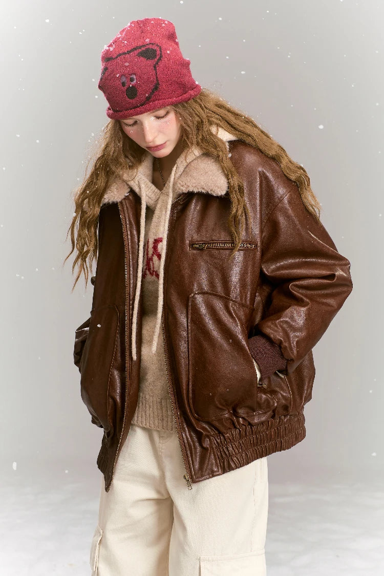 VILZSTUDIOS Vintage Brown Fleece Neck PU Leather Jacket