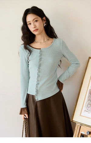 VILZSTUDIOS Blue Color Blocked Knitted Ruffled Long Sleeve Top