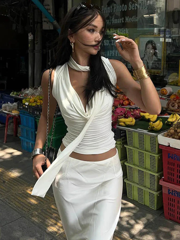 VILZSTUDIOS Elegant V-Neck Bandage Cropped Sleeveless Top