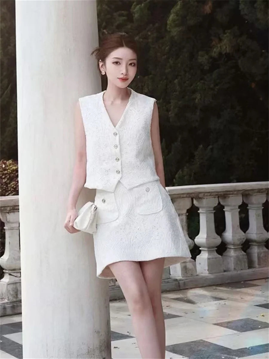 VILZSTUDIOS White Elegant Embroidered Vest & Mini Skirt Set