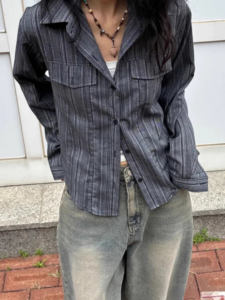 VILZSTUDIOS Slim Fit Korean Aesthetic Striped Shirt