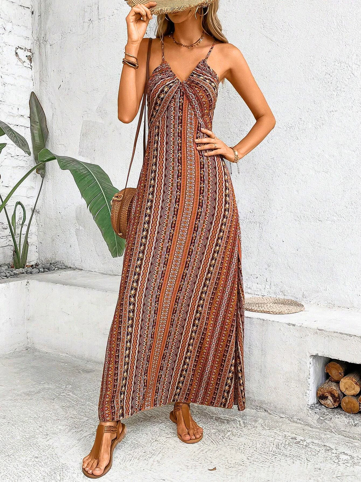 VILZSTUDIOS Boho Frill Trim Backless Split Dress