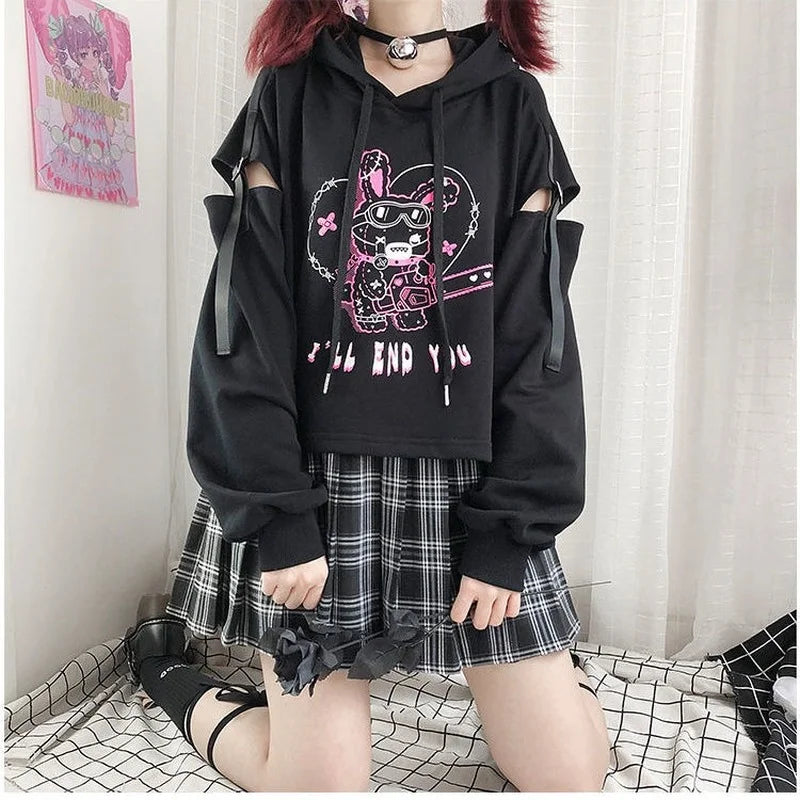VILZSTUDIOS Punk Gothic Patchwork Hollow Out Hoodie & Mini Skirt