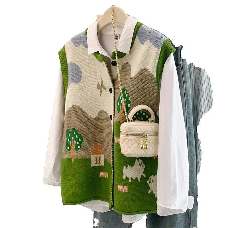 VILZSTUDIOS Oversized Jacquard Knit Sleeveless Cardigan
