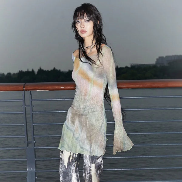 Vintage Flare Sleeve Sheer Mesh T-Shirt