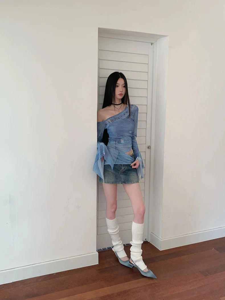 VILZSTUDIOS Blue Mesh Graphic Flare Sleeve Top