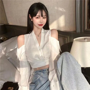 VILZSTUDIOS Chic Hollow Out Off-Shoulder Cropped Shirt