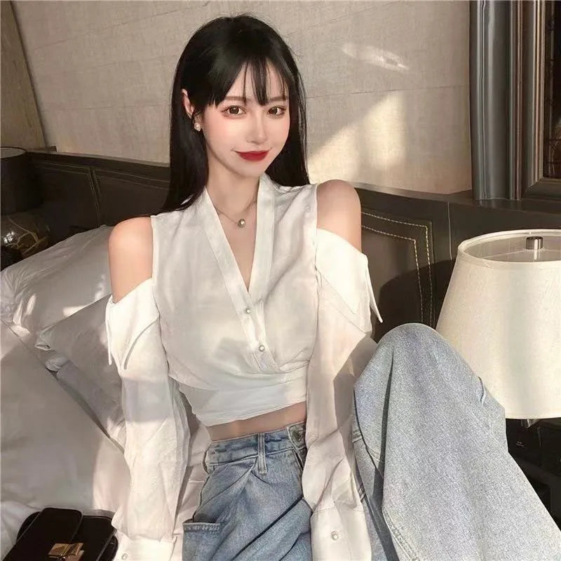VILZSTUDIOS Chic Hollow Out Off-Shoulder Cropped Shirt