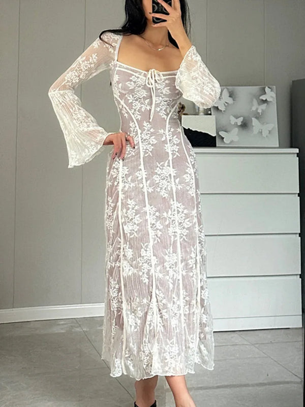 Elegant Lace Square Collar White Maxi