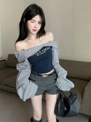 VILZSTUDIOS Chic Slim Striped Sleeves T-Shirt