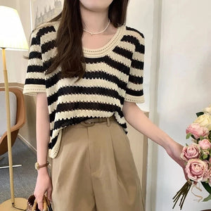 VILZSTUDIOS Retro Knitted Striped T-Shirt